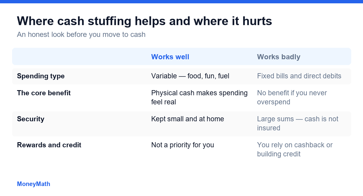 Comparison table showing where cash stuffing works well versus badly, across spending type, the core benefit, security, and credit card rewards.