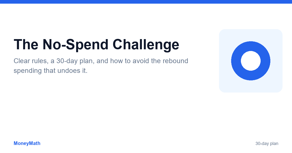 Title graphic reading The No-Spend Challenge, mentioning clear rules, a 30-day plan and avoiding rebound spending.